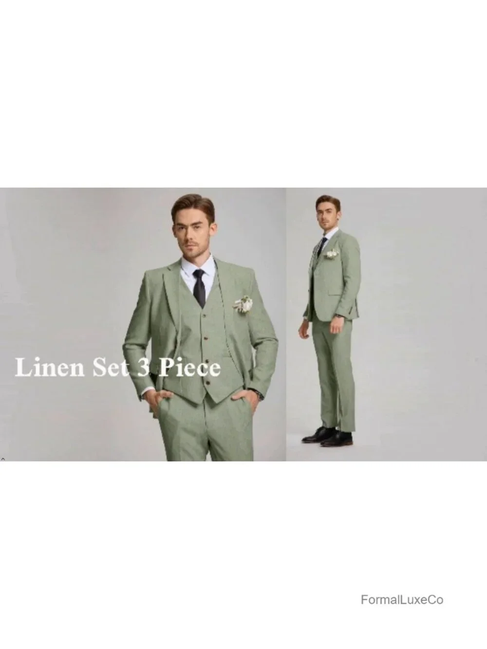 3 Piece Linen Suit for Men Slim Fit Tuxedo Blazer Vest Pants Set Wedding Prom